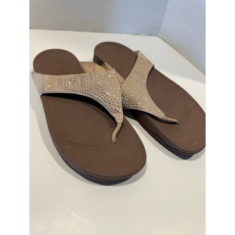 FitFlop Lulu‎ Crystal Suede Thong Sandals MicroWobbleboard Size 10 Tan Good